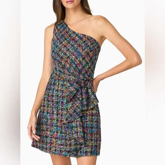 Shoshanna Zoie Beaded Multicolor One-Shoulder Dress